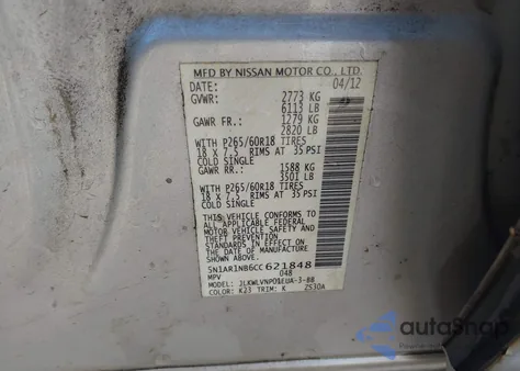 2012 Nissan Pathfinder Le z USA, uszkodzony, nr VIN 5N1AR1NB6CC621848